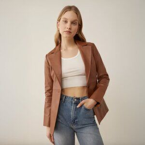 Reformation x Veda Bowery Leather Blazer Cognac Size Large NWT 100% Lamb Leather